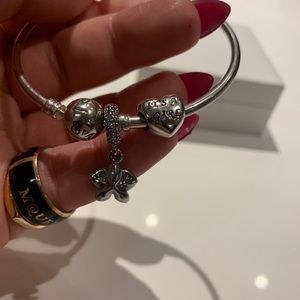 Pandora Jewelry - Pandora Silver Bangle Bracelet w/ Two Charms Pandora Jewelry - Pandora Silver Bangle Bracelet w/ Two Charms